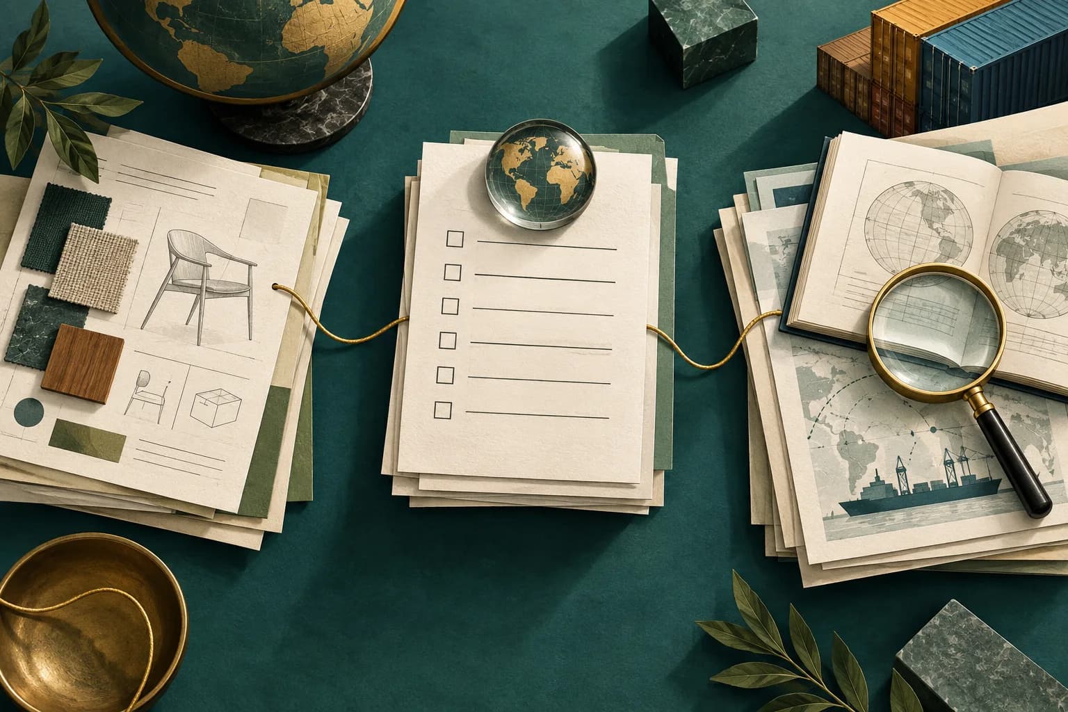 A gold thread connects product information, a checklist, and customs reference documents.