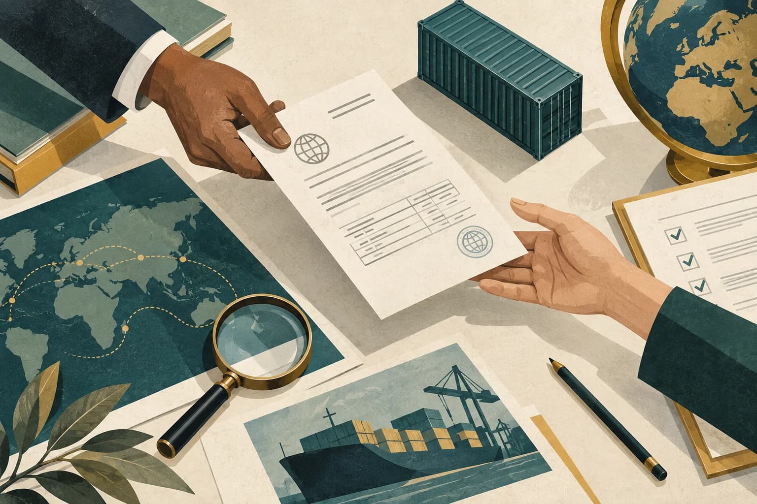 Illustration of two people reviewing customs documents together.