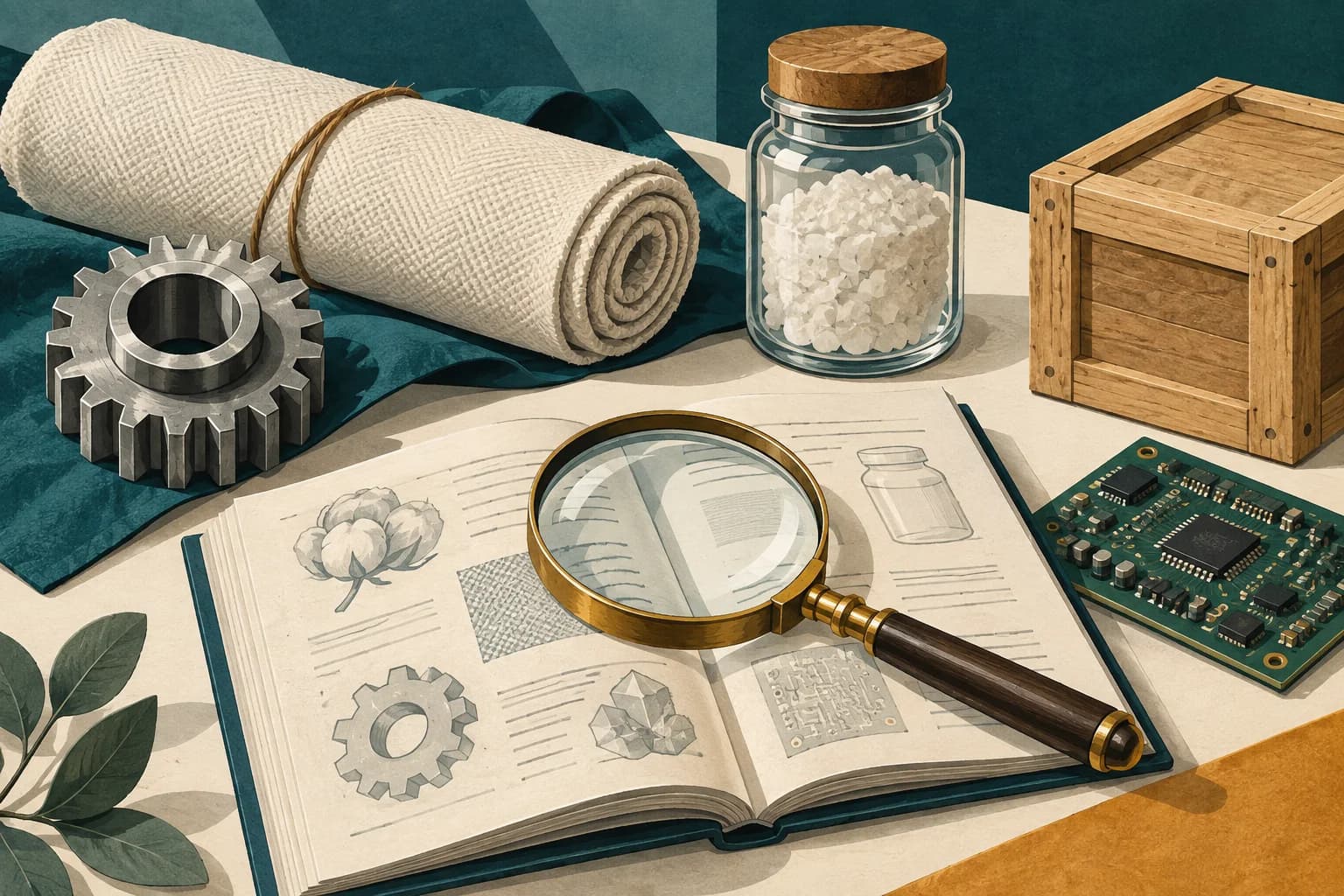 Product samples, a reference book, and a magnifying glass illustrate the detail behind classification.