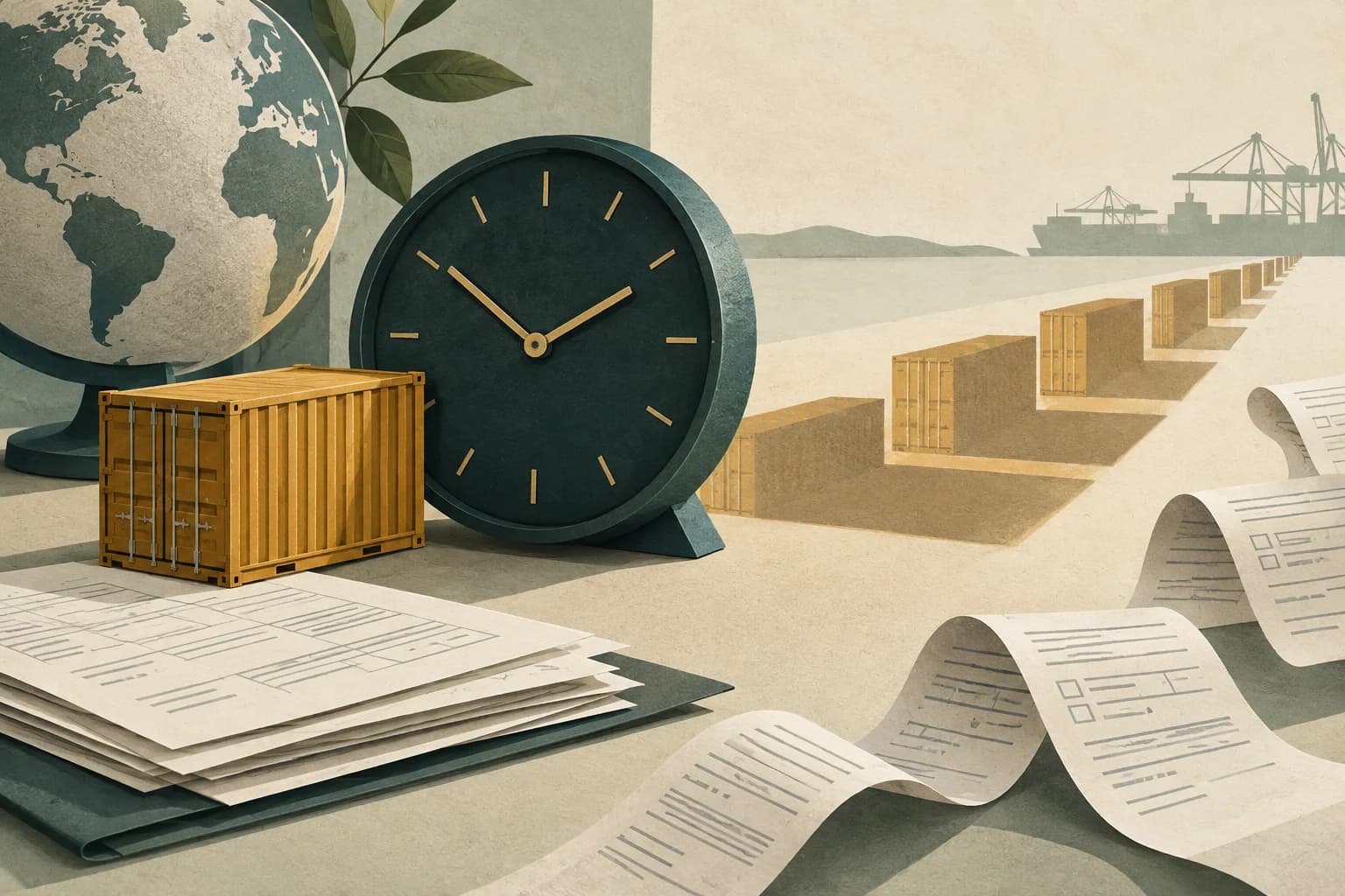 A clock, cargo containers, and a trail of paperwork illustrate time spent on customs queries.